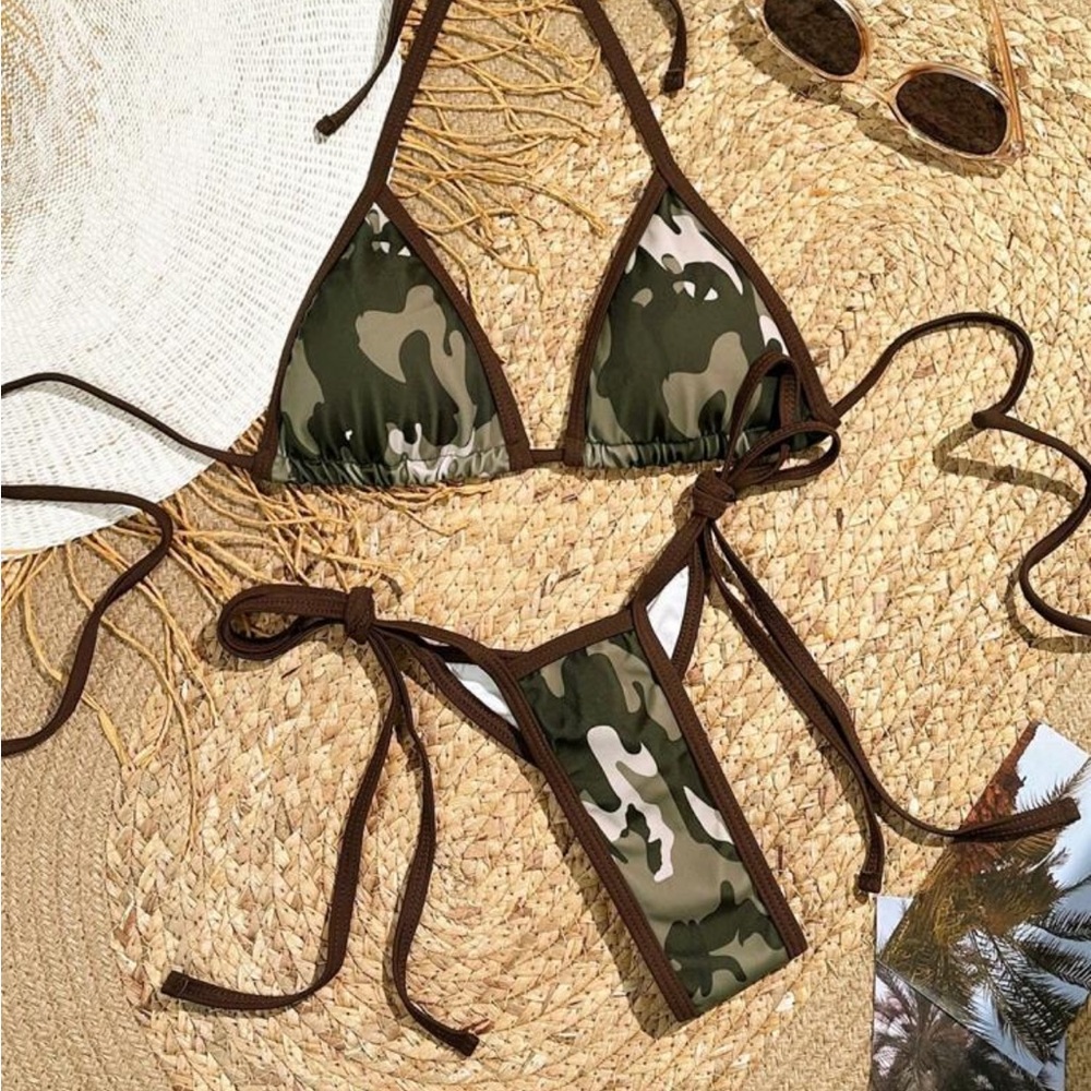 Camo Triangle String Bikini Set - Green